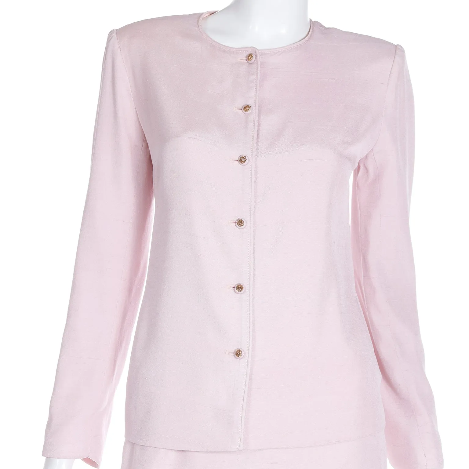 1970s Chanel Creations Philippe Guibourge Pink Silk 2 Pc Jacket & Skirt Suit