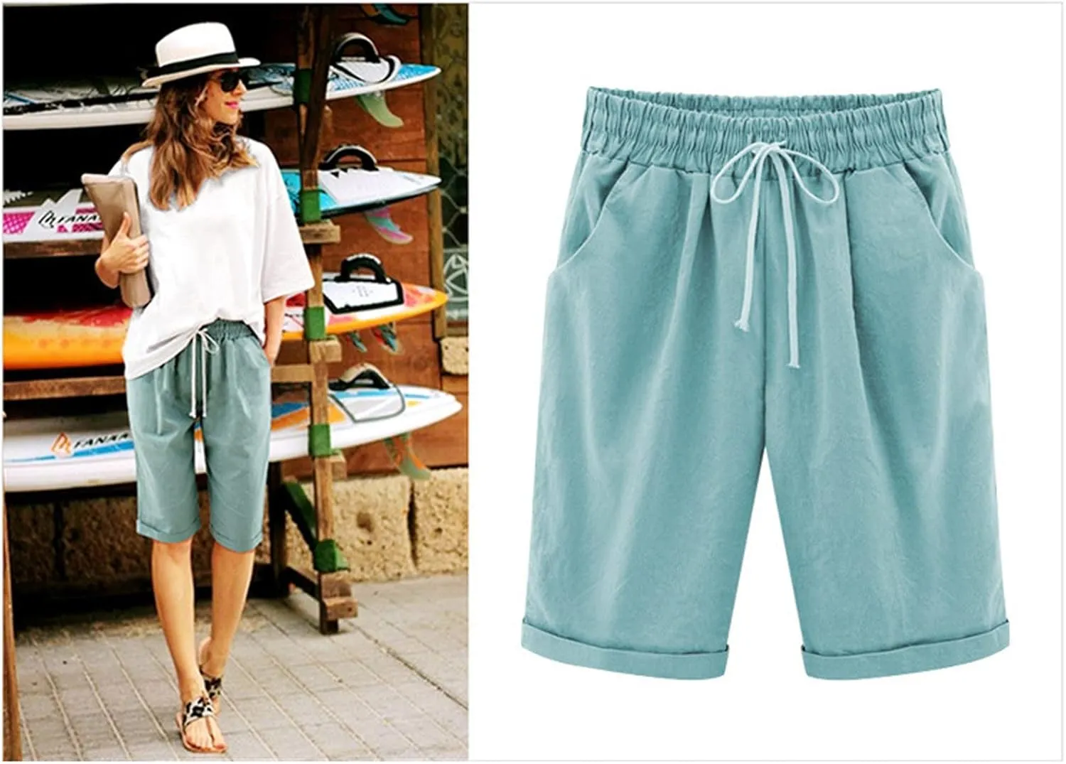 2025 Women's Shorts Casual Comfy Cotton Linen Shorts Drawstring Elastic Waist Bermuda Summer Knee Length Beach Shorts