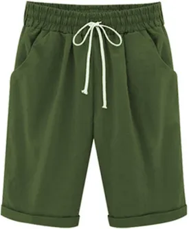 2025 Women's Shorts Casual Comfy Cotton Linen Shorts Drawstring Elastic Waist Bermuda Summer Knee Length Beach Shorts