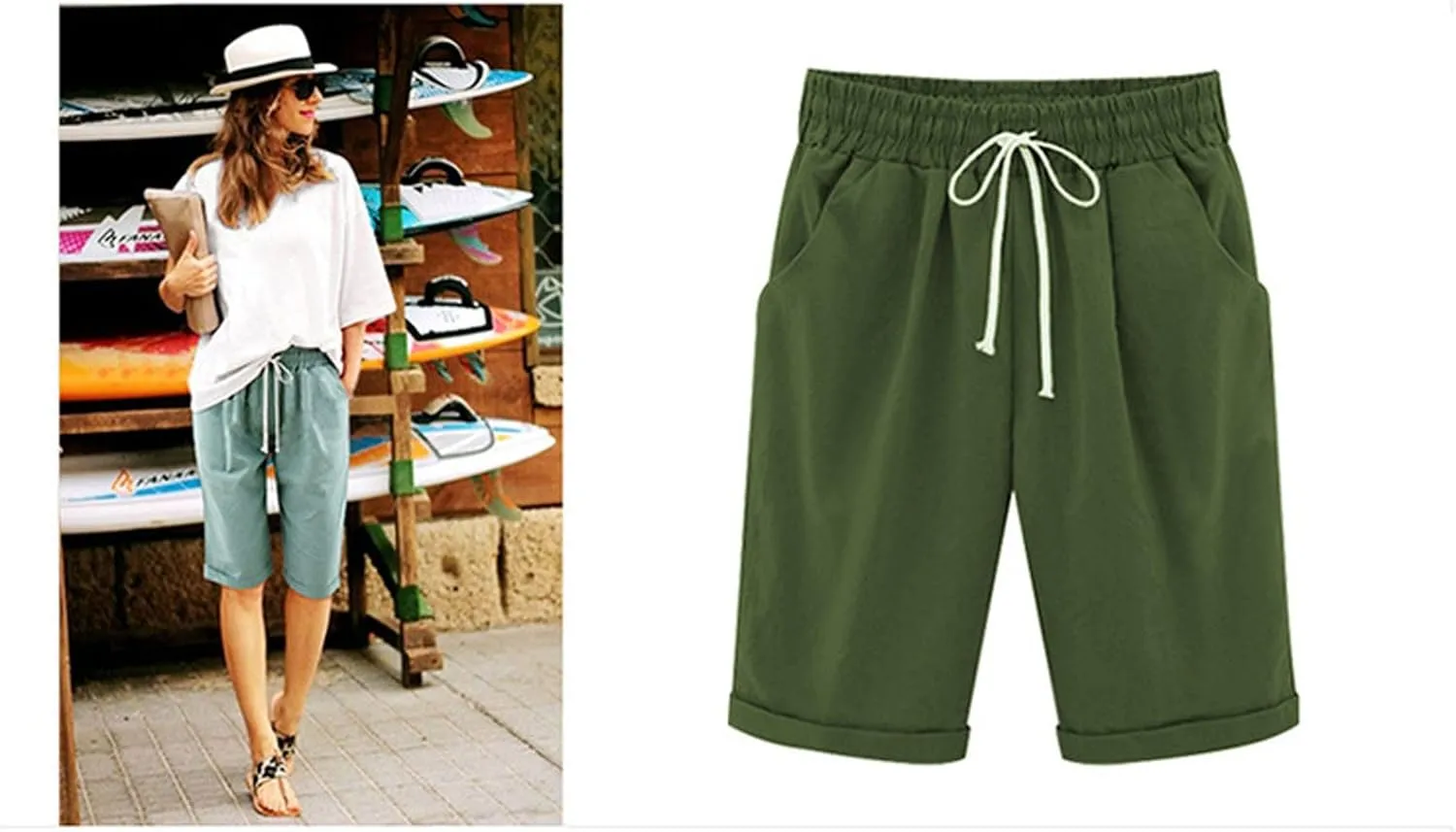 2025 Women's Shorts Casual Comfy Cotton Linen Shorts Drawstring Elastic Waist Bermuda Summer Knee Length Beach Shorts
