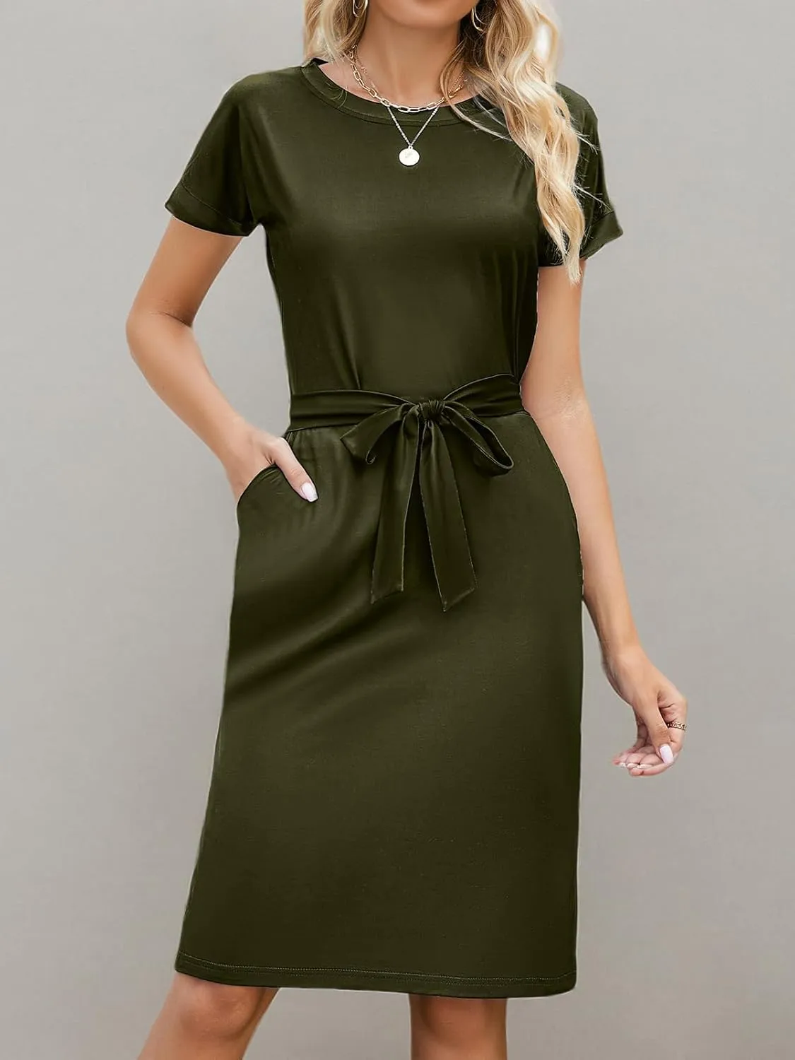 Arolina Womens Summer Short Sleeve Striped T Shirt Dress Casual Midi Dresses Crewneck Tie Waist with Pockets