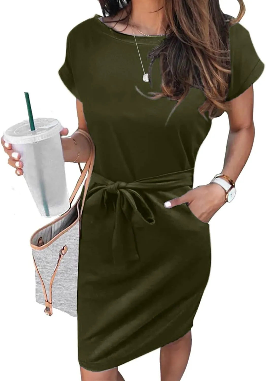 Arolina Womens Summer Short Sleeve Striped T Shirt Dress Casual Midi Dresses Crewneck Tie Waist with Pockets