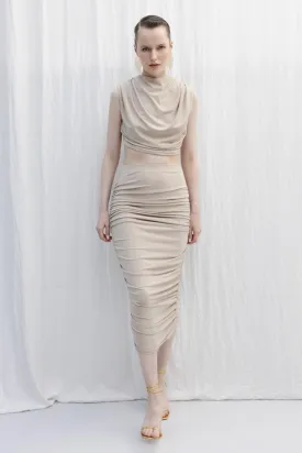 Beige Draped Midi Pencil Skirt