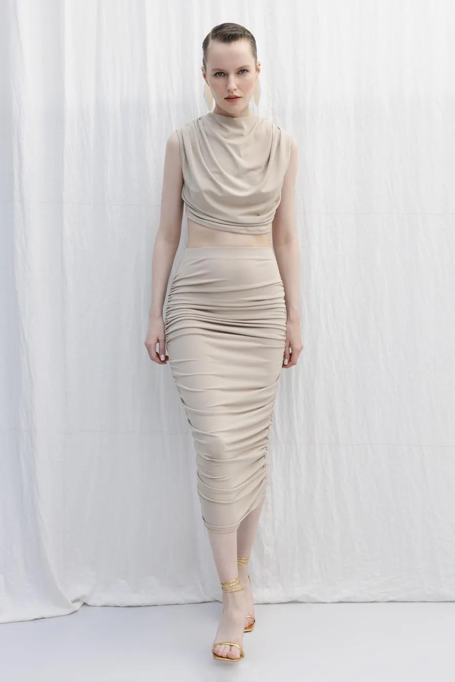 Beige Draped Midi Pencil Skirt