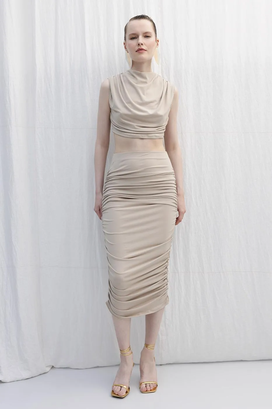 Beige Draped Midi Pencil Skirt