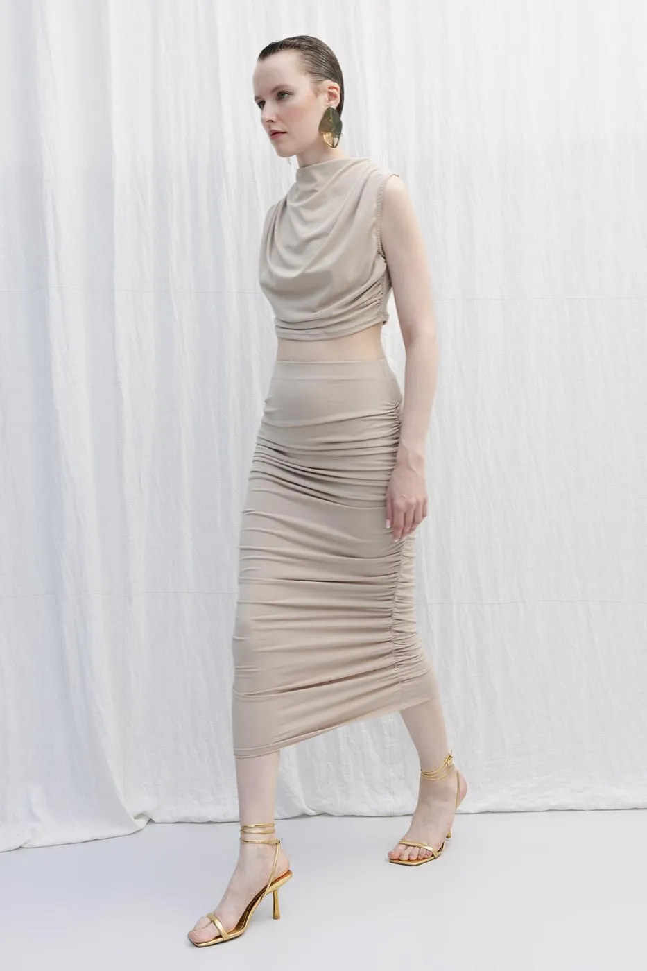Beige Draped Midi Pencil Skirt