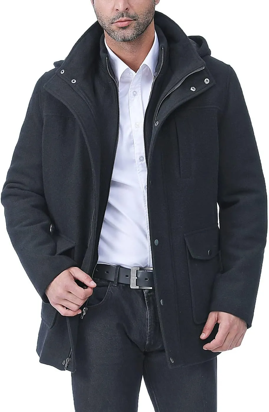 BGSD Men Kenneth Wool Blend Single Breasted Walking Car Coat with Removable Bib (Also available in Big and Tall)