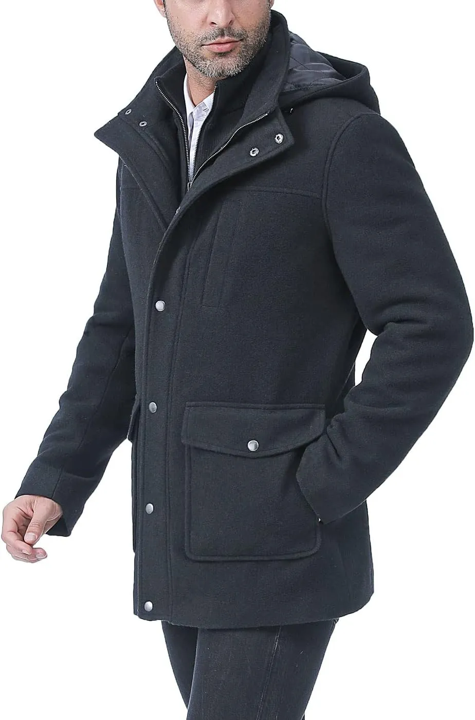 BGSD Men Kenneth Wool Blend Single Breasted Walking Car Coat with Removable Bib (Also available in Big and Tall)