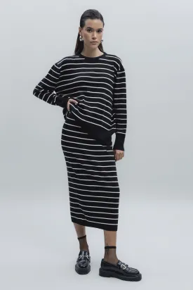 Black Striped Knitted Midi Pencil Skirt