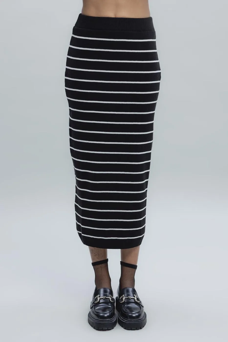 Black Striped Knitted Midi Pencil Skirt