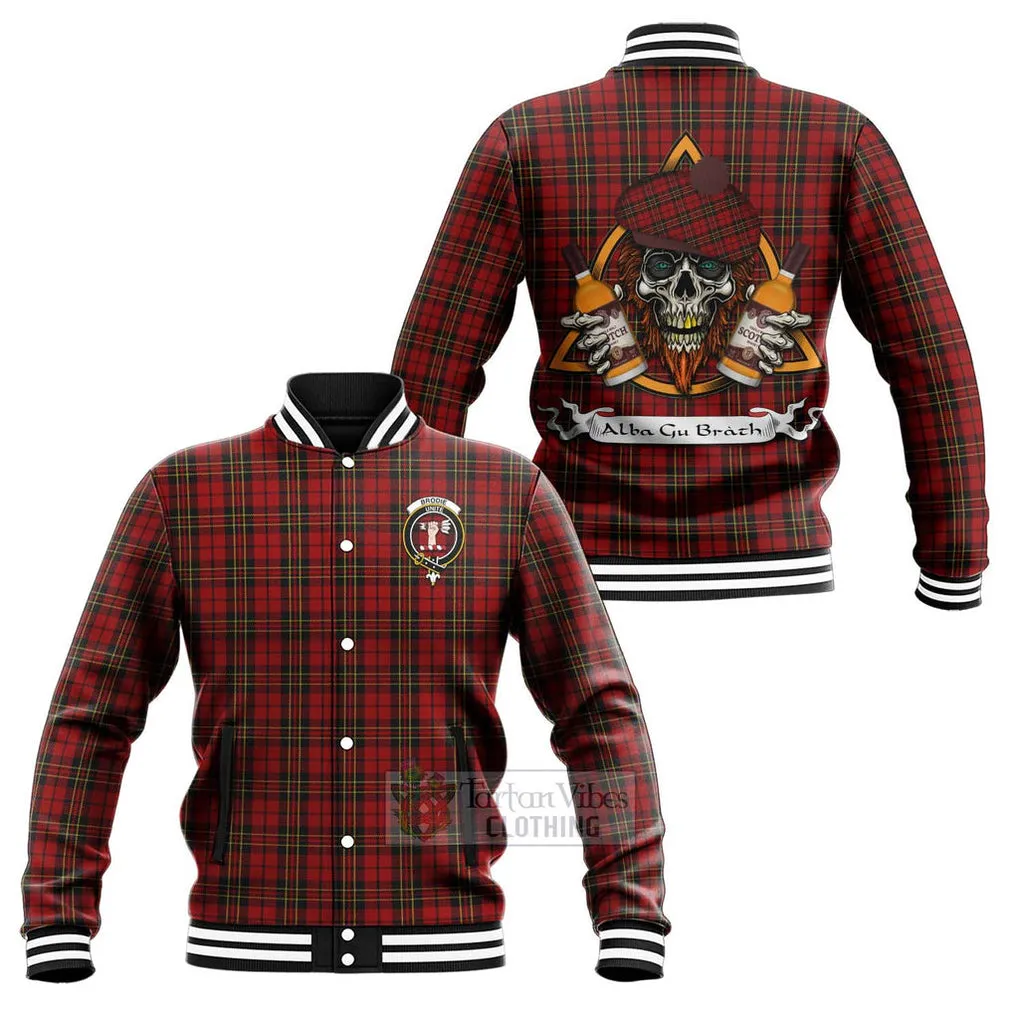 Brodie Tartan Baseball Jacket with Family Crest and Bearded Skull Holding Bottles of Whiskey