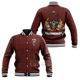 Brodie Tartan Baseball Jacket with Family Crest and Bearded Skull Holding Bottles of Whiskey