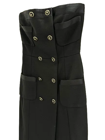 Chanel Black 100% Wool / Silk Lined Double Breasted Button Detailed Strapless Gown UK 8
