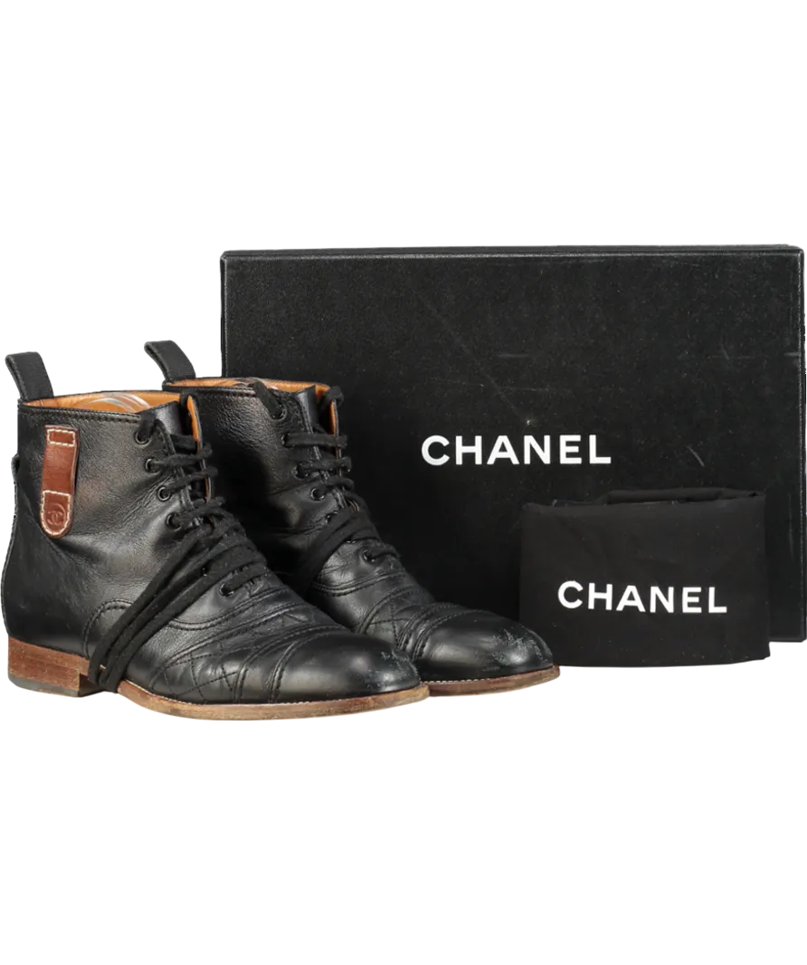 Chanel Black 2014 Interlocking CC Logo Lace-up Boots UK 5 EU 38 👠