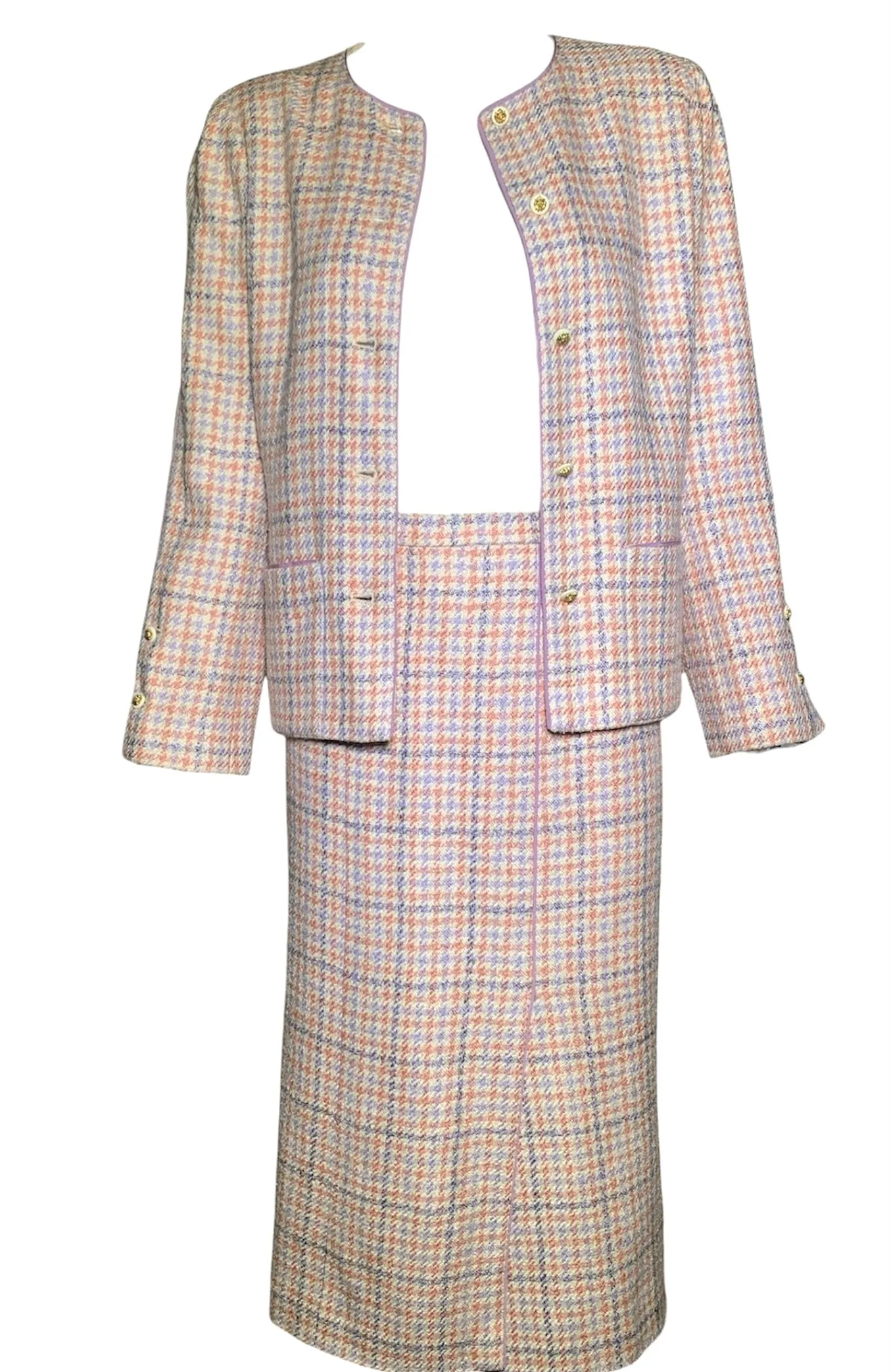 Chanel Boutique 1990s Pale Pink & Lavender Houndstooth Ensemble