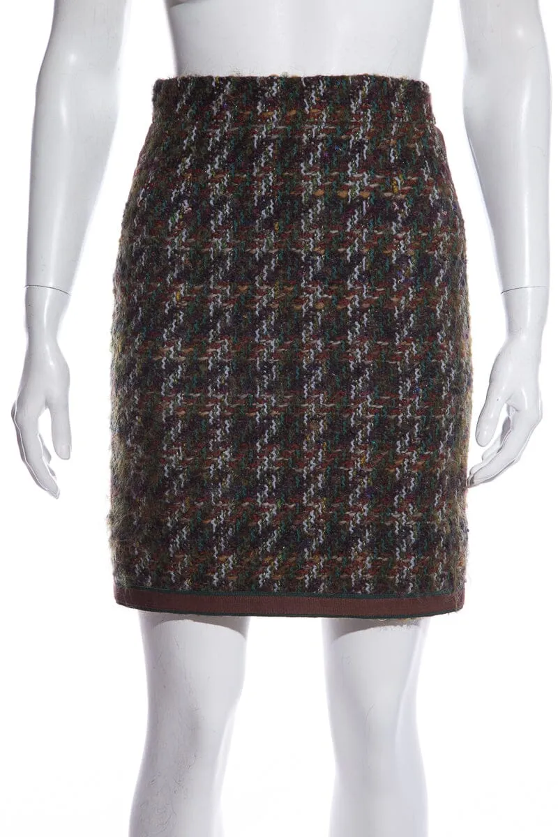 Chanel Boutique Vintage Green & Brown Tweed Mini Skirt SZ 34