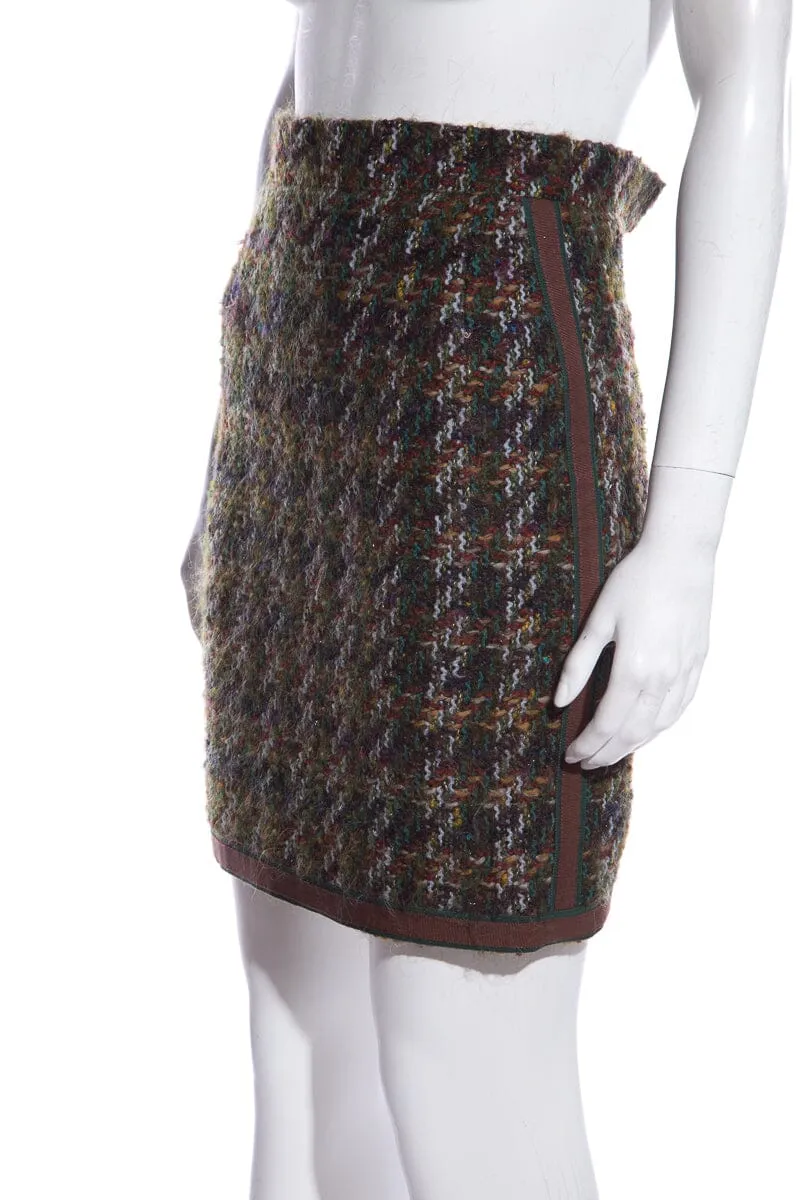 Chanel Boutique Vintage Green & Brown Tweed Mini Skirt SZ 34