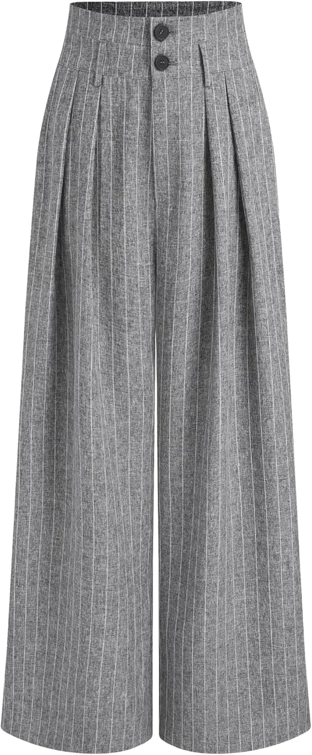 CIDER Womens Pants Striped Pleated Wide Leg Trousers Office Business Casual Mid Waist Button Pants for Women
