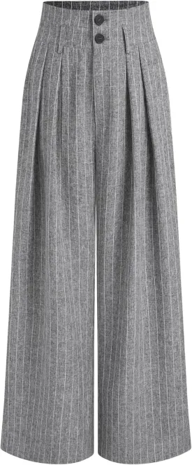 CIDER Womens Pants Striped Pleated Wide Leg Trousers Office Business Casual Mid Waist Button Pants for Women