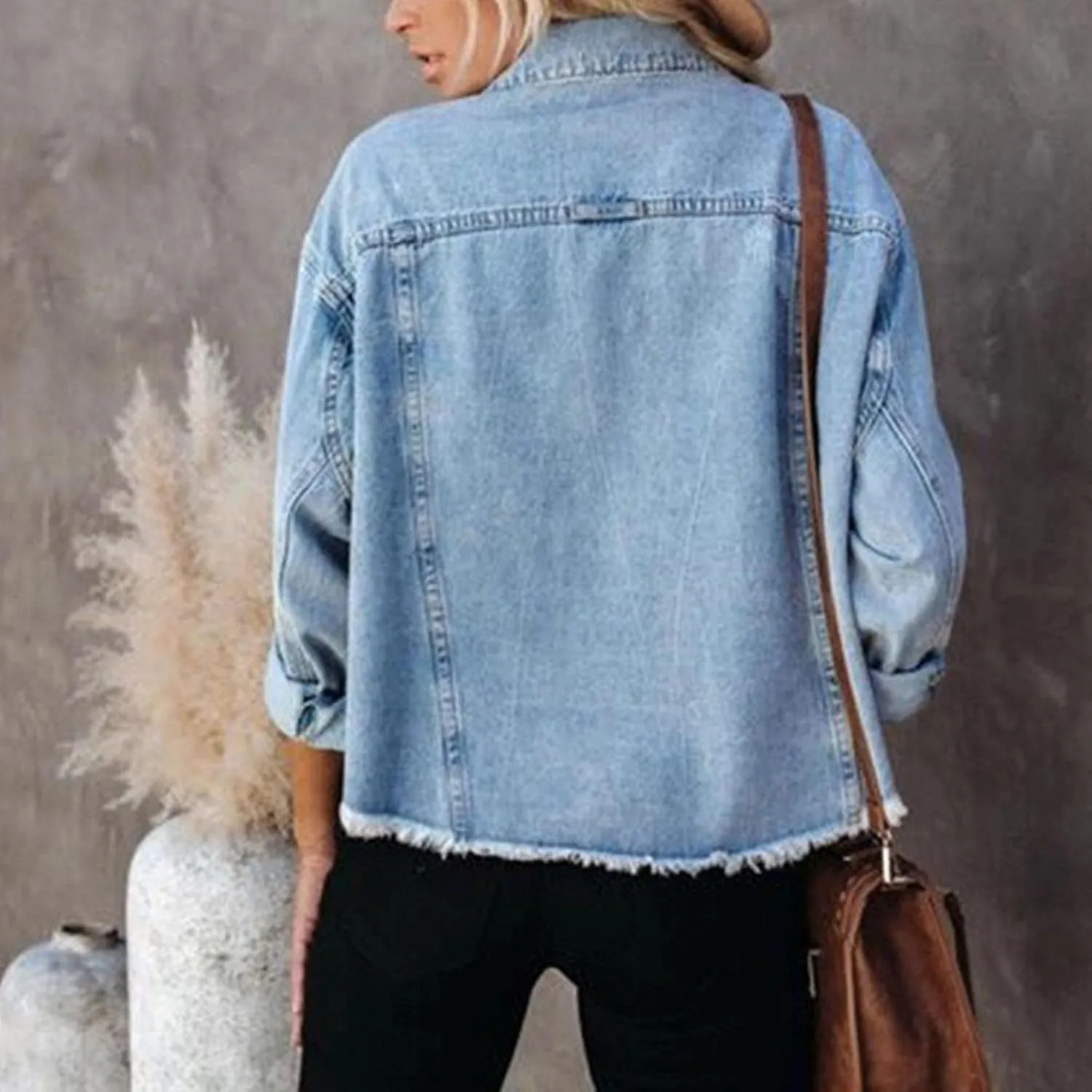Crop Jean Jacket for Women Distressed Jean Jacket Women Frayed Washed Button Up Cropped Denim Casual Jackets for Womens