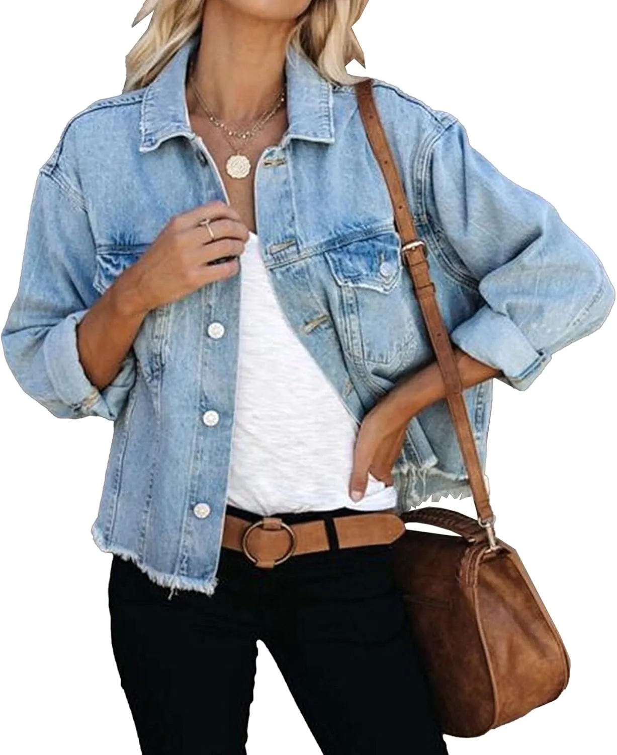 Crop Jean Jacket for Women Distressed Jean Jacket Women Frayed Washed Button Up Cropped Denim Casual Jackets for Womens