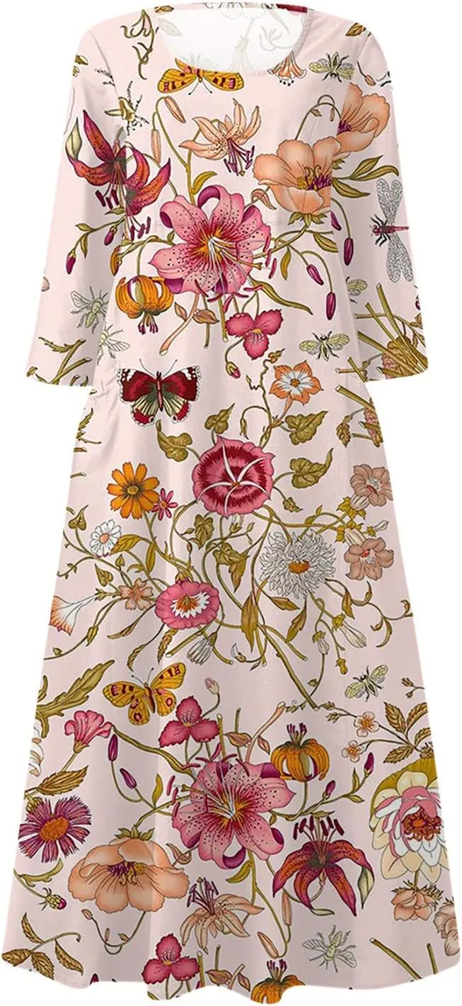 Dress Women Long Womens Boho Floral Print Loose Fit Casual Summer 3/4 Sleeve Crewneck Long Dress with Pockets