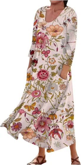 Dress Women Long Womens Boho Floral Print Loose Fit Casual Summer 3/4 Sleeve Crewneck Long Dress with Pockets