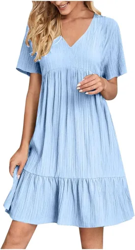Dresses Women Summer 2025 Vacation Short Sleeve Mini Tshirt Dress Beach Smocked A Line Flutter Boho Sundress Outfit