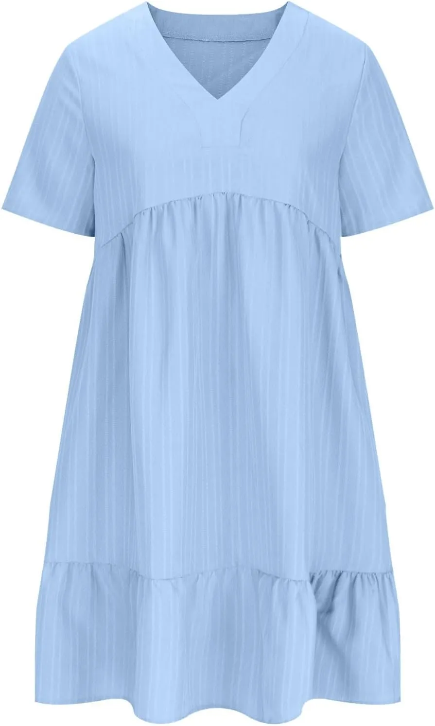 Dresses Women Summer 2025 Vacation Short Sleeve Mini Tshirt Dress Beach Smocked A Line Flutter Boho Sundress Outfit