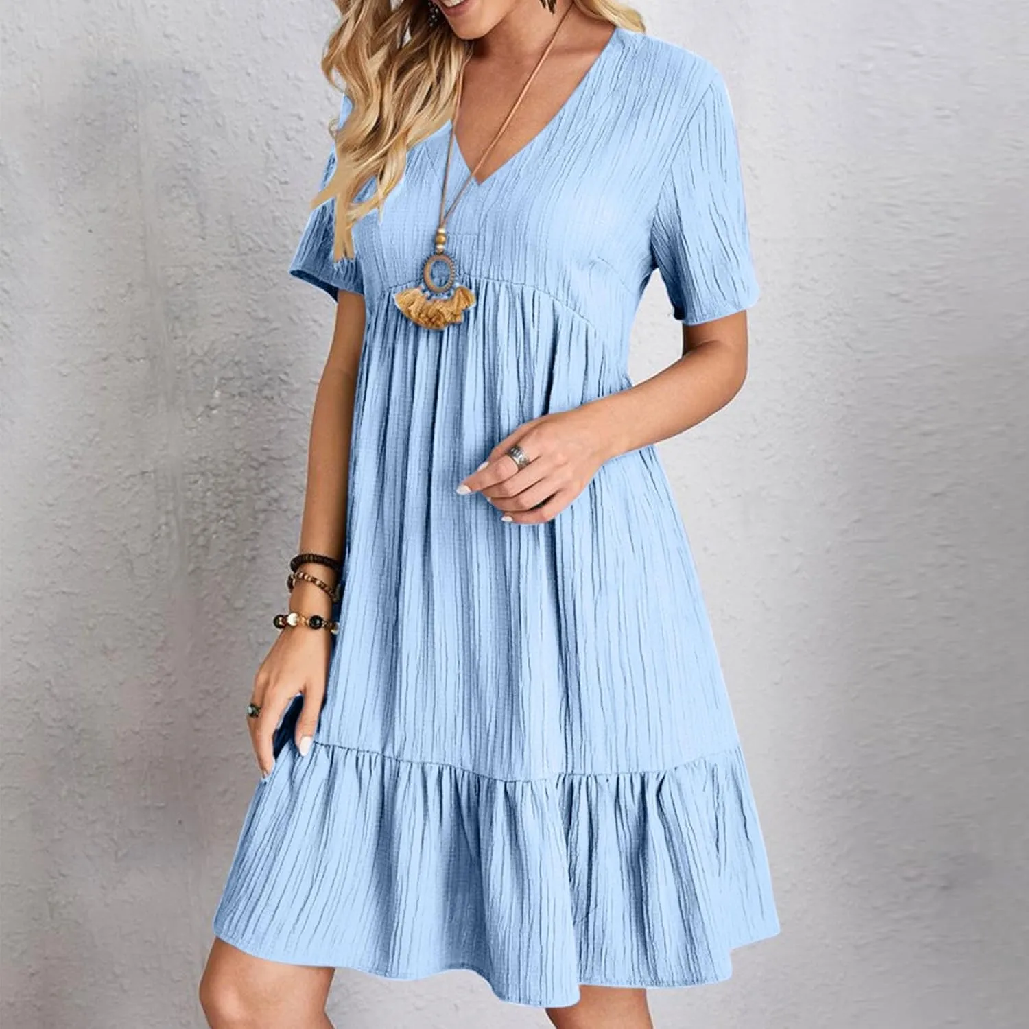 Dresses Women Summer 2025 Vacation Short Sleeve Mini Tshirt Dress Beach Smocked A Line Flutter Boho Sundress Outfit