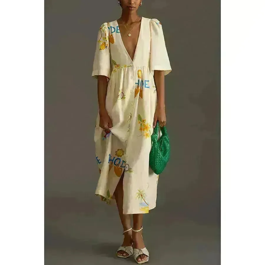 European And American Spring And Summer Casual Puff Sleeve Dress Loose Vacation  Midi  Dress