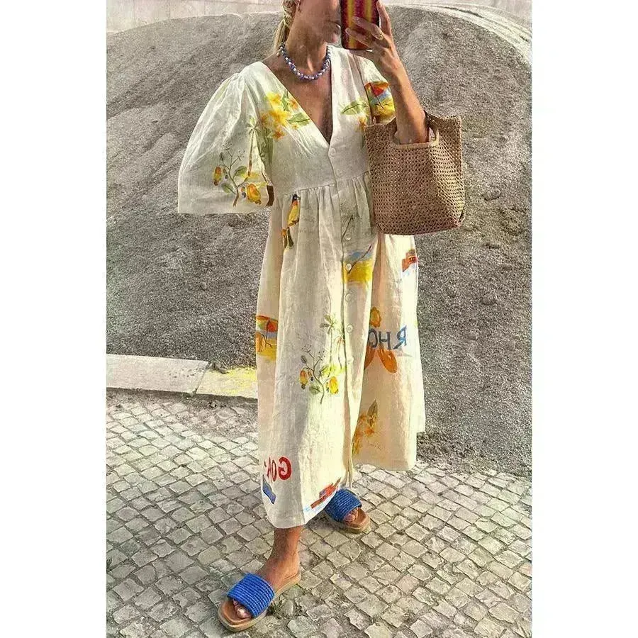 European And American Spring And Summer Casual Puff Sleeve Dress Loose Vacation  Midi  Dress