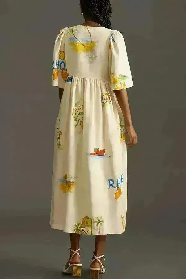 European And American Spring And Summer Casual Puff Sleeve Dress Loose Vacation  Midi  Dress