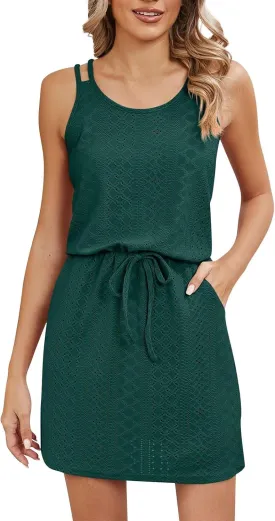 Eyelet Sundresses for Women 2024 Mini Swimsuit Cover Up Casual Summer Crewneck Drawstring Waist Dress Comfy Slip Dress