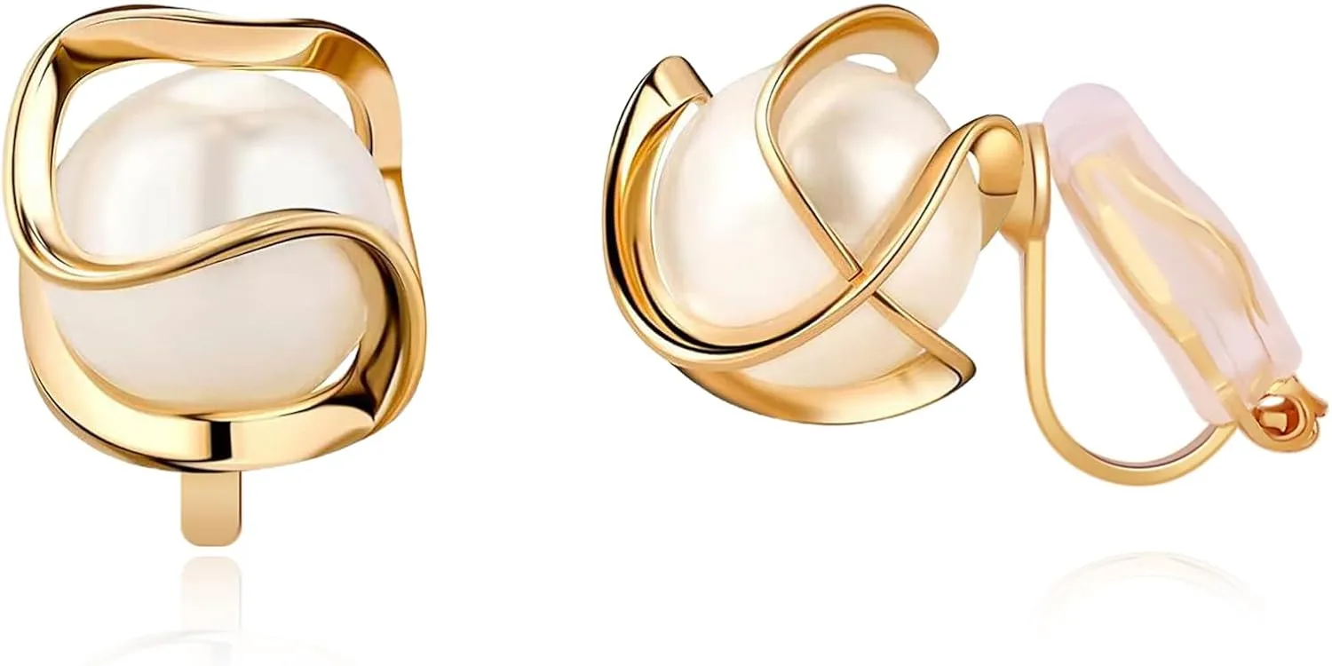 FAN&LOUIS Pearl Clip On Earrings,14K Gold Plated Pearl Stud Small Clip-On Earrings for Women Trendy Lightweight for Non-Pierced Ears Teen 2025