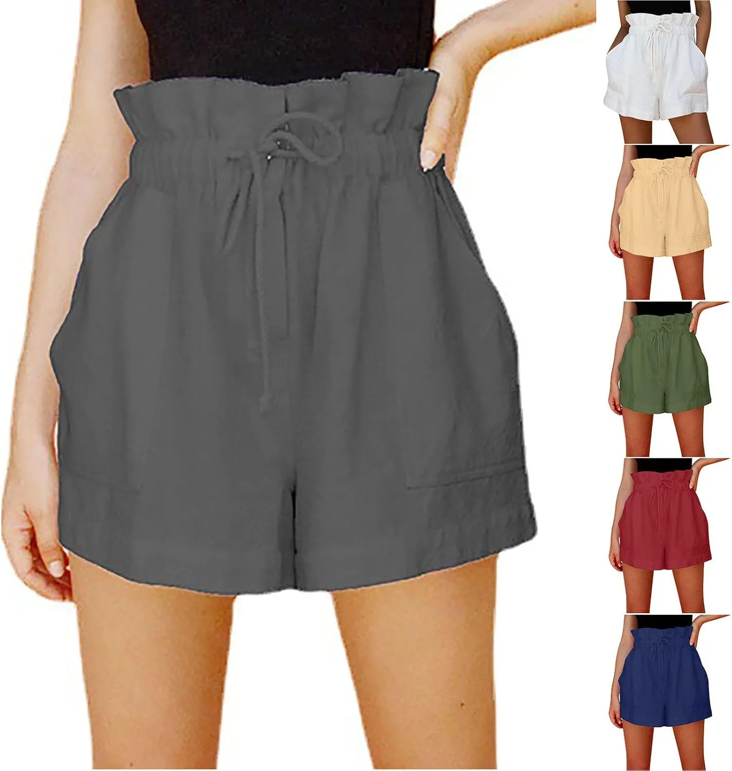 HGps8w Paperbag Shorts for Women Cotton Linen Casual Elastic Waist Drawstring Shorts Comfy Baggy Lounge Shorts with Pockets