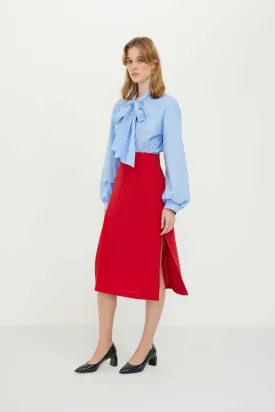 Knee-length Crep Skirt with Slits Red