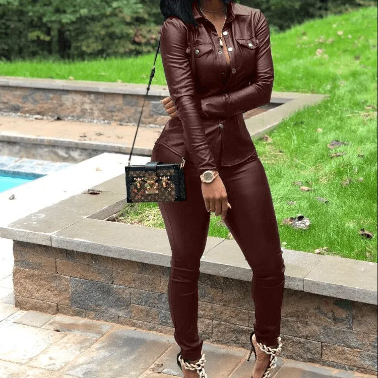 Leather Skinny Bodycon Long Sleeve Blouse Pants Sets