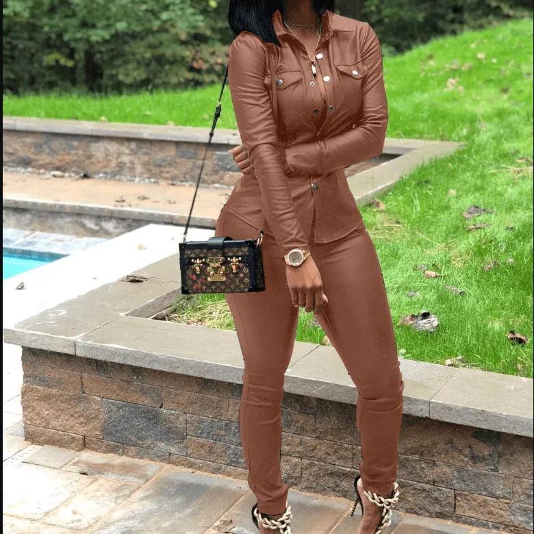 Leather Skinny Bodycon Long Sleeve Blouse Pants Sets