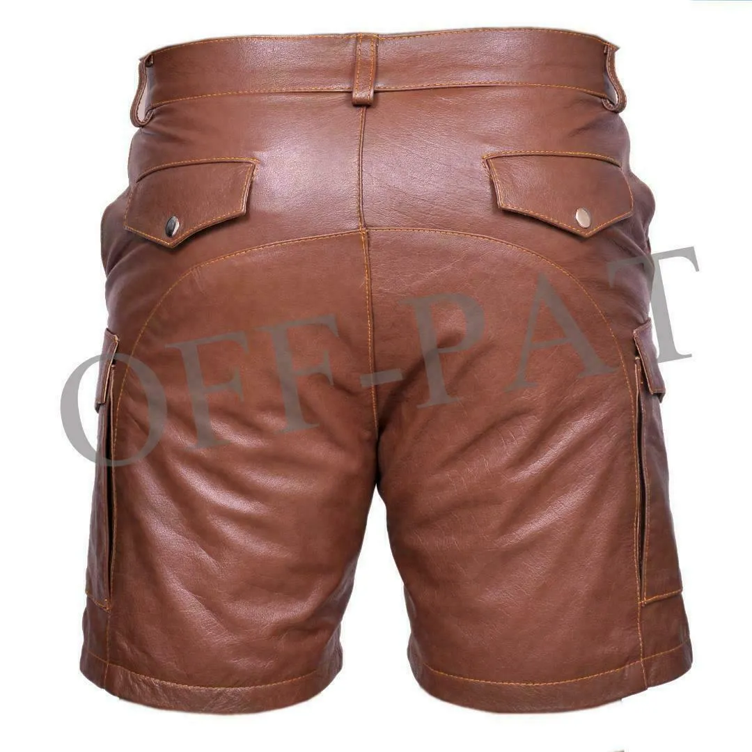 Men's Brown Genuine Leather Casual clubwear Cargo shorts