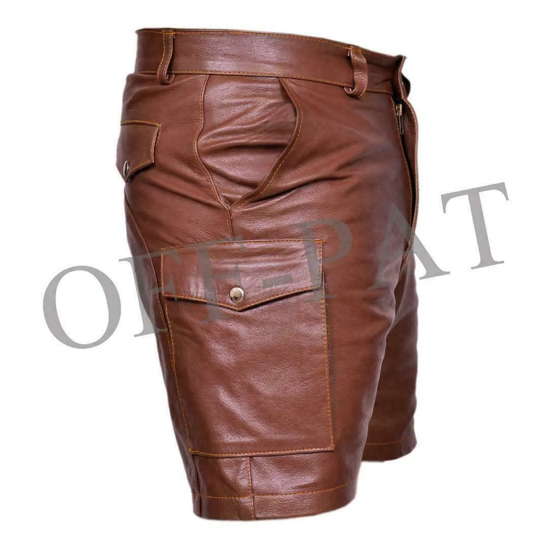 Men's Brown Genuine Leather Casual clubwear Cargo shorts