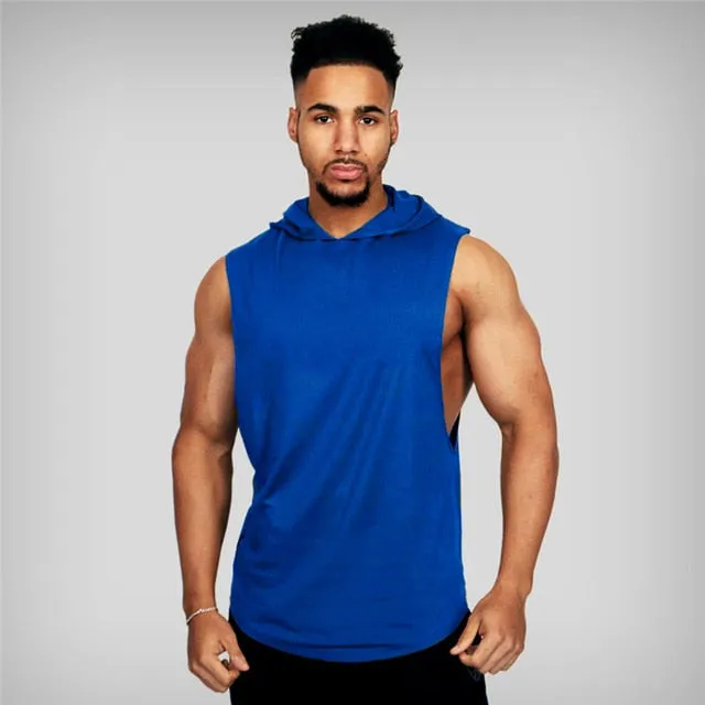 Mens Cotton Sleeveless Gym Hooded Fitness Tank Top