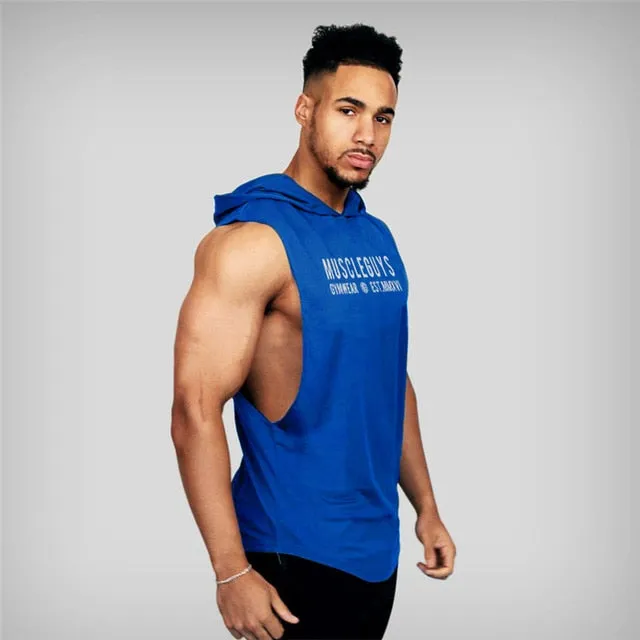 Mens Cotton Sleeveless Gym Hooded Fitness Tank Top