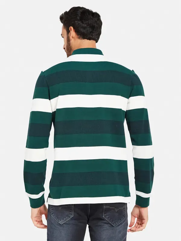 Mettle Men Green Striped High Neck Pockets T-Shirt