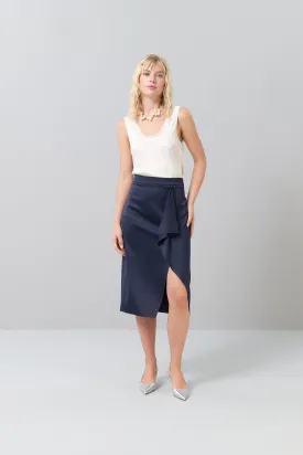 Midi Length Satin Skirt with Flywheel and Slit Detail Navy Blue