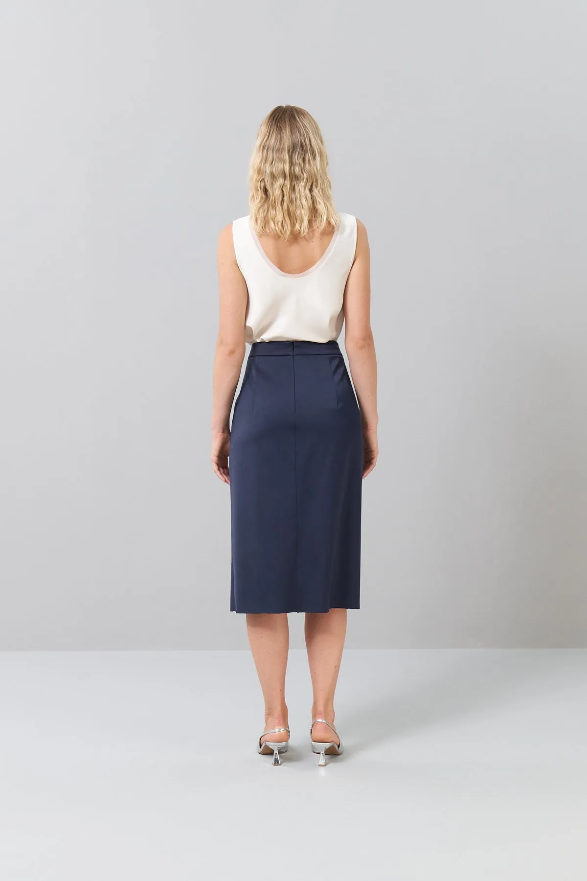 Midi Length Satin Skirt with Flywheel and Slit Detail Navy Blue
