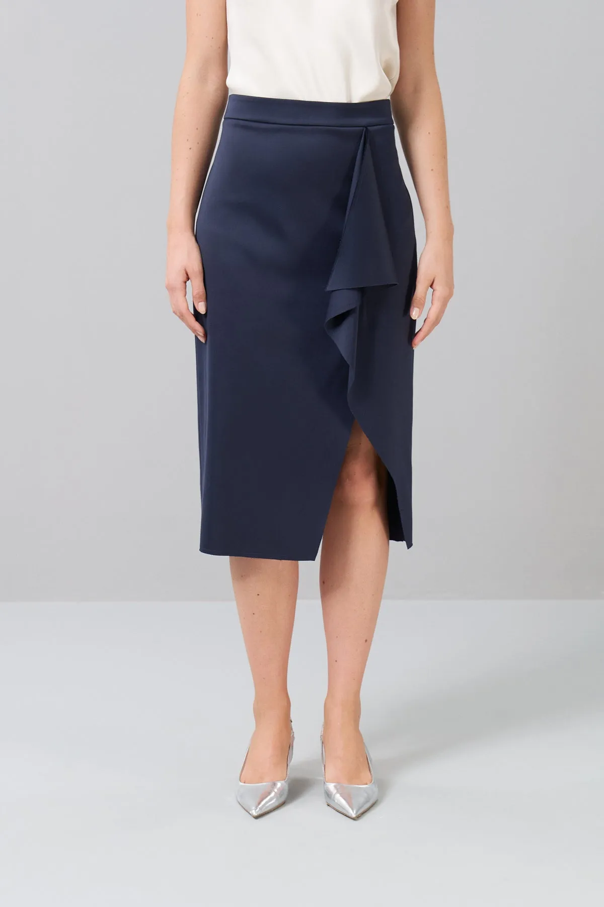 Midi Length Satin Skirt with Flywheel and Slit Detail Navy Blue