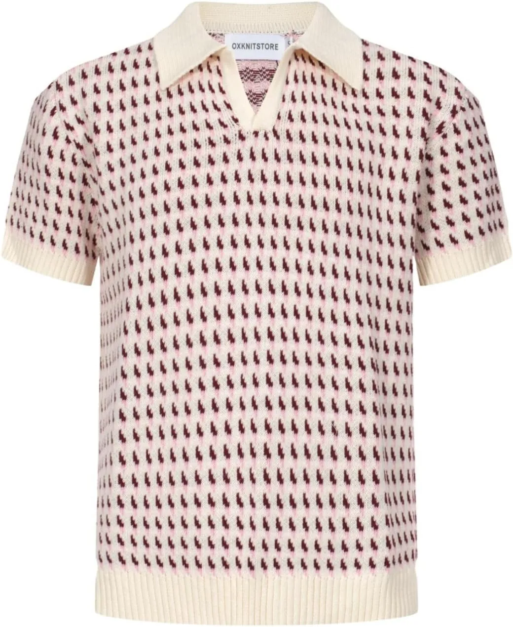 OXKNIT Mens Knit Polo Jacquard Panel Shirt Short Sleeve Retro Textured Vintage Polo Shirt V-Neck