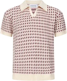 OXKNIT Mens Knit Polo Jacquard Panel Shirt Short Sleeve Retro Textured Vintage Polo Shirt V-Neck