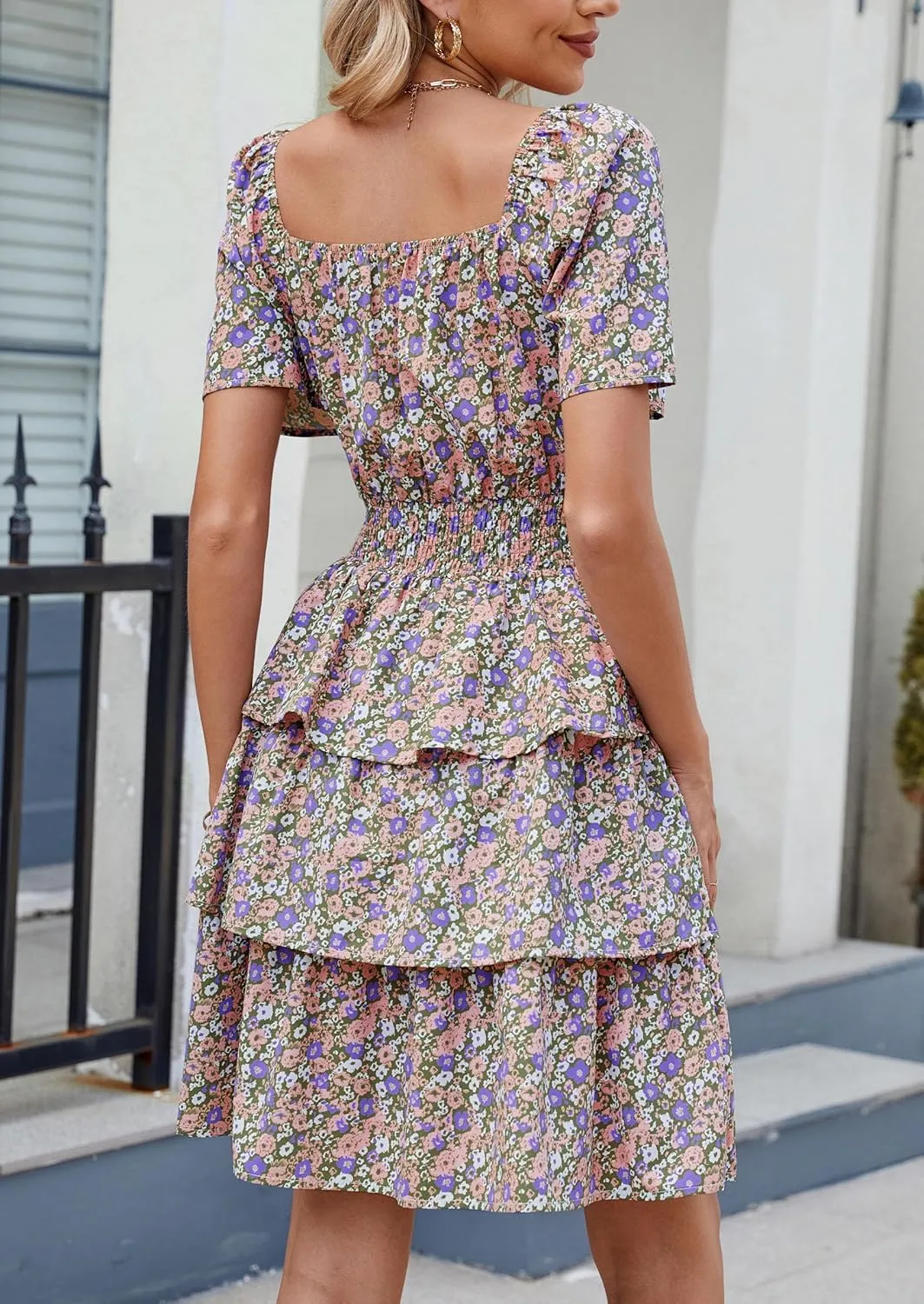 PRETTYGARDEN Women's 2025 Floral Summer Short Dress Square Neck Short Sleeve Tiered Ruffle Boho Swing Dresses